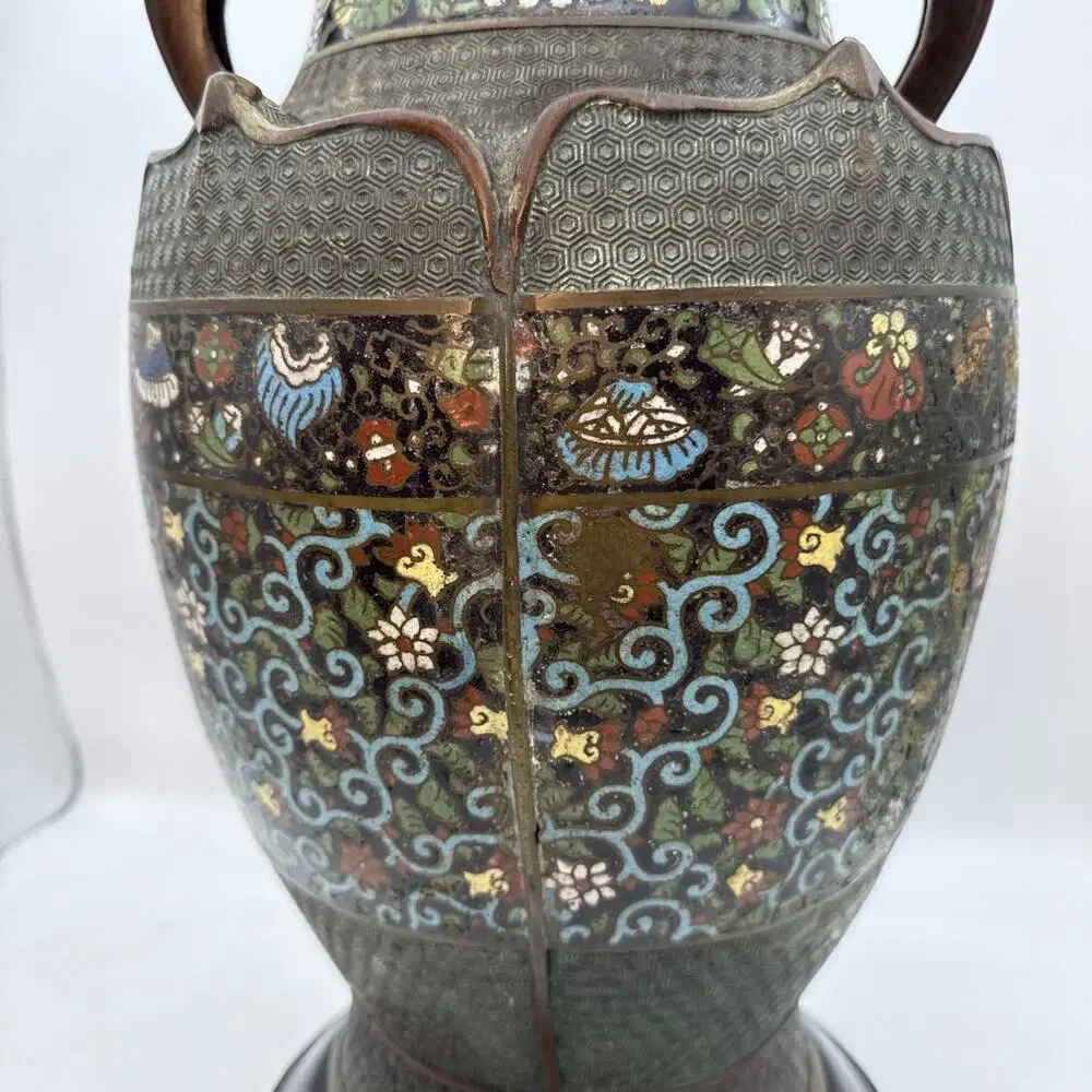 17.5” Antique Japanese Bronze Champleve Cloisonné Enamel Vase Dragon Handles ⬇️